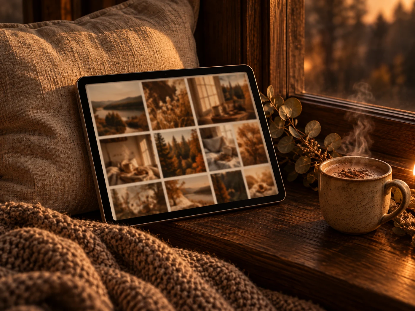 Galeria zdjęć na tablecie obok kubka kakao