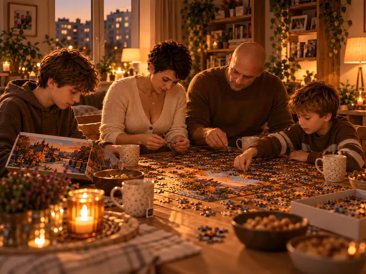 Rodzina układa puzzle na stoliku w salonie