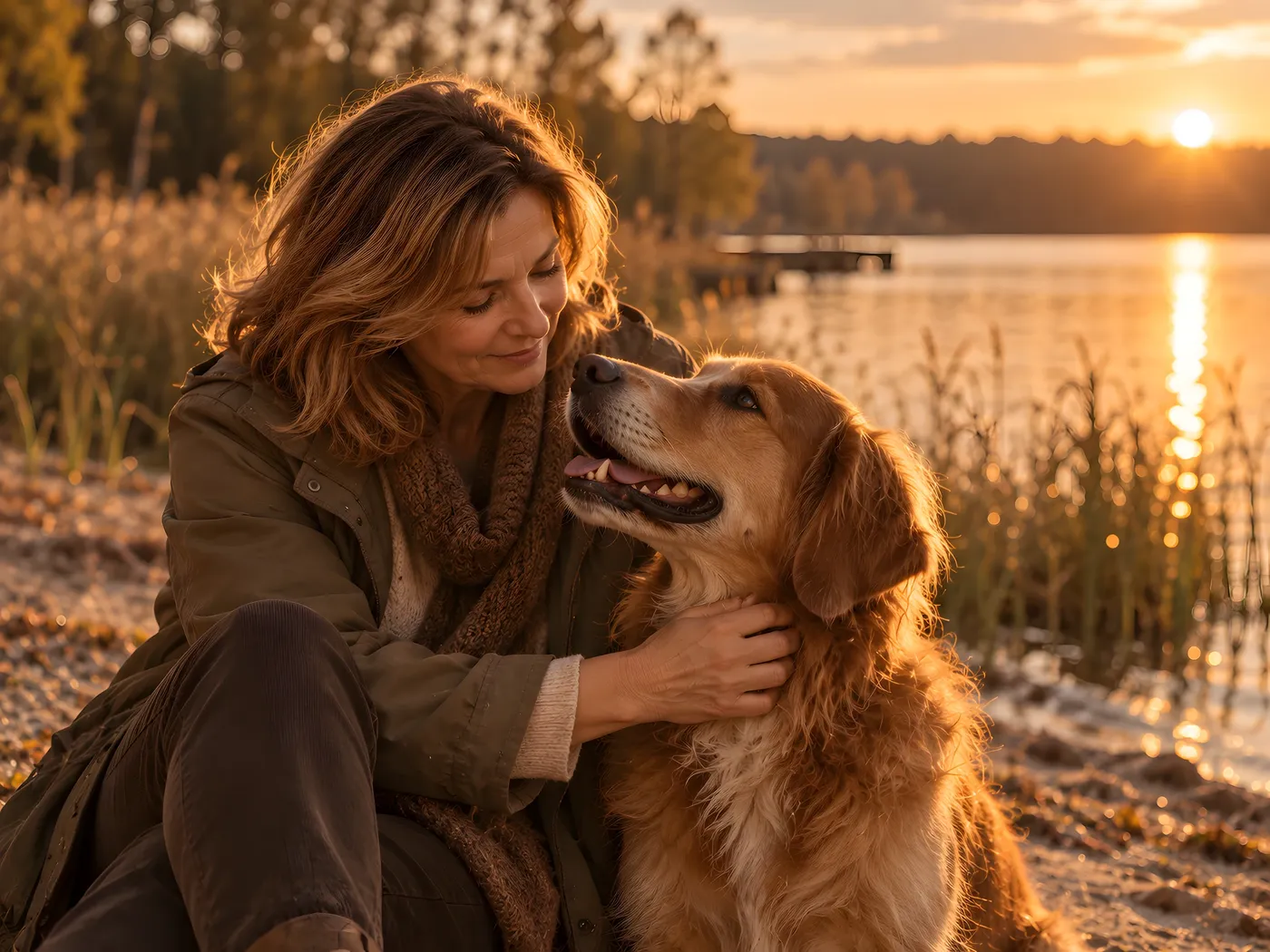 Kobieta głaszcze golden retrievera na brzegu jeziora