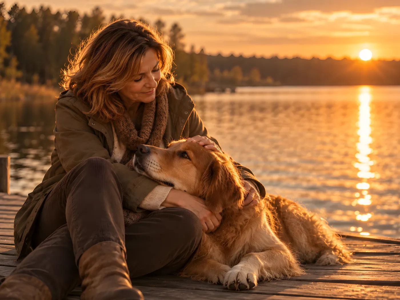 Kobieta z golden retrieverem na pomoście nad jeziorem