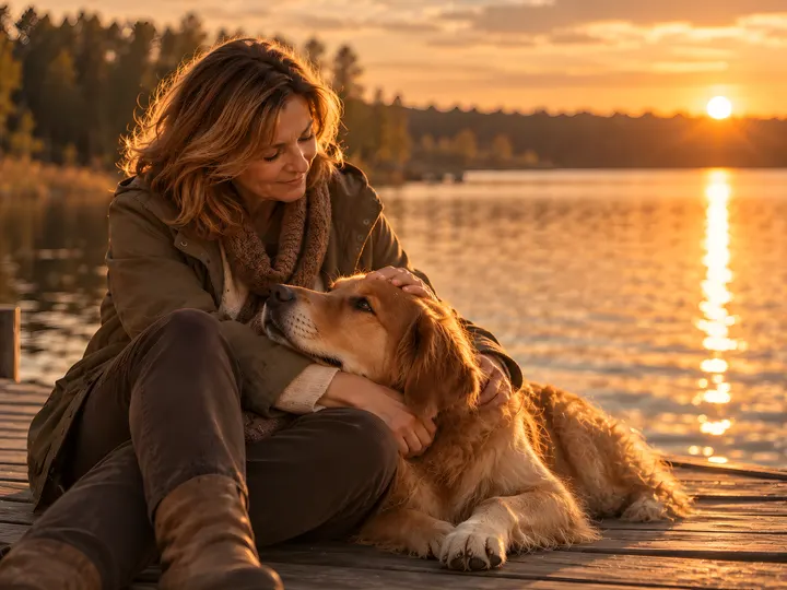 Kobieta i golden retriever odpoczywają na pomoście