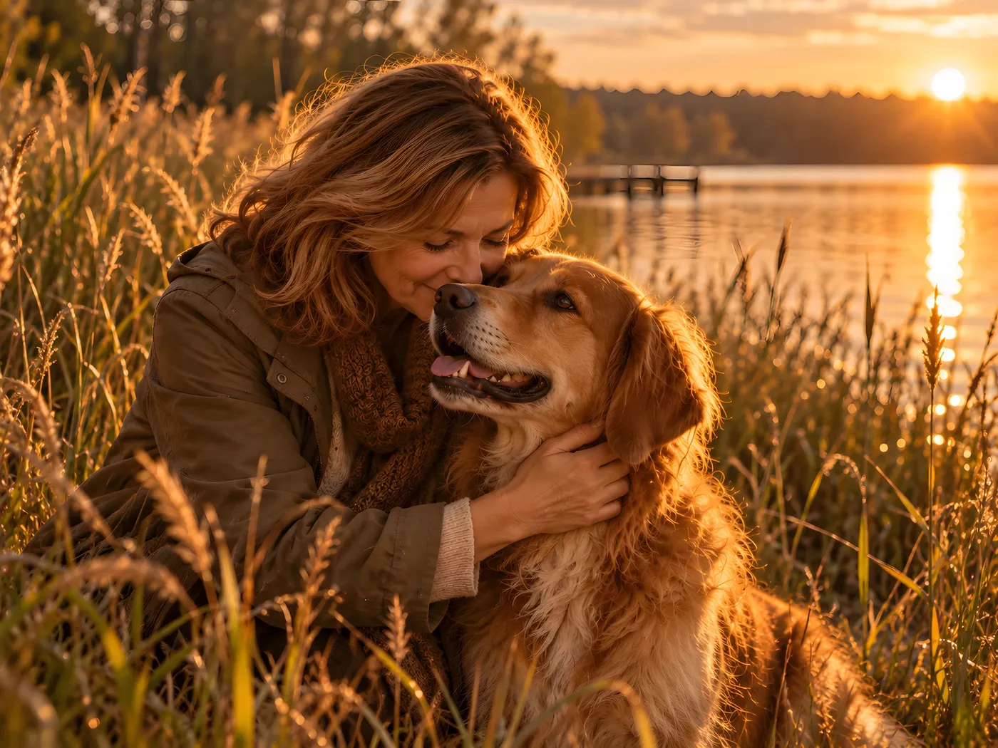 Kobieta przytula golden retrievera nad jeziorem