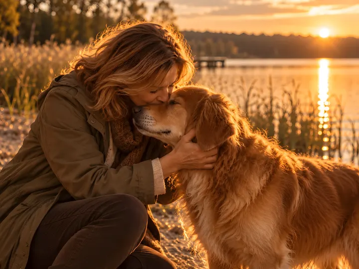 Kobieta przytula golden retrievera nad jeziorem
