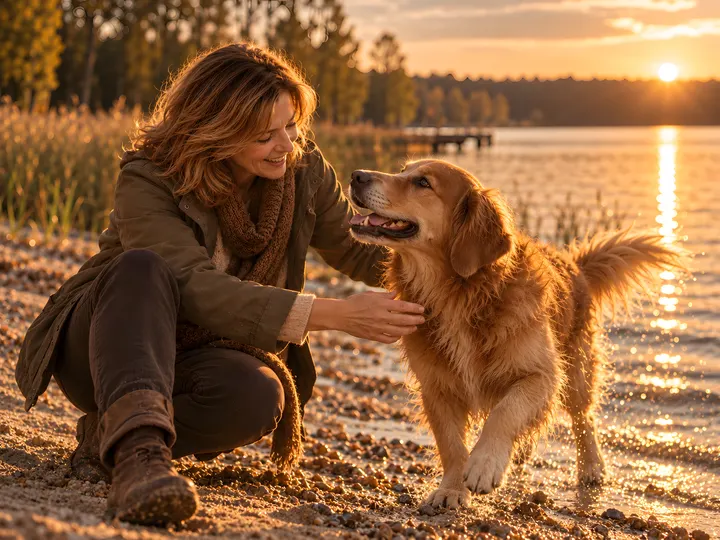 Golden retriever podbiega do opiekunki na brzegu